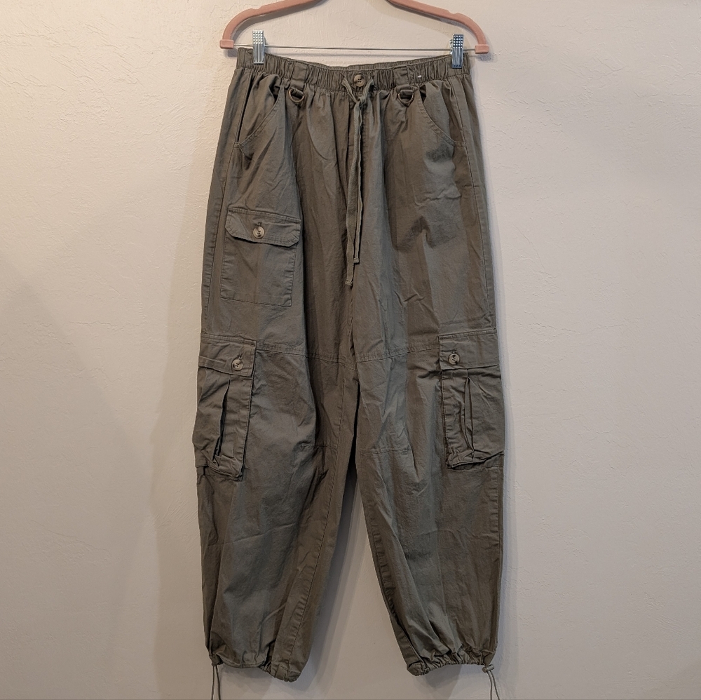 Project Rebel Soft Shell Olive Green Cargo Pants Multiple Pockets Elastic Size L
